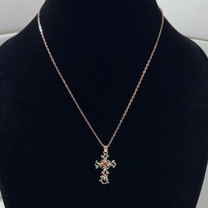 Dainty Rose Gold tone Floral Cross Pendant Necklace